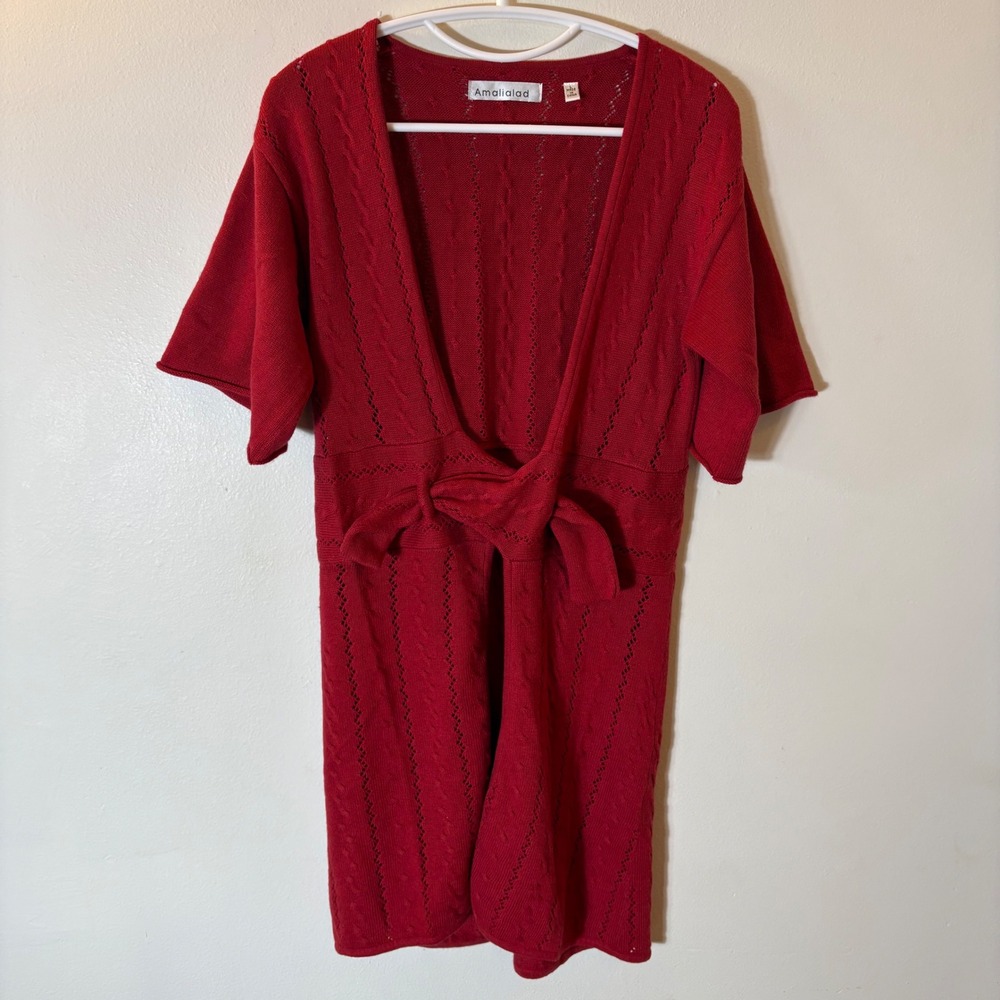 Amalialad Red Cable Knit Tie Front Longline Cardigan Angora‎ Wool Blend Large